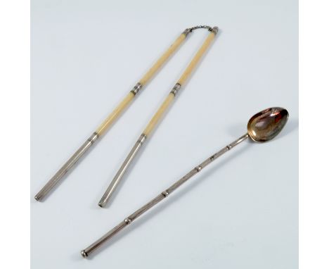 PR. SILVER MOUNTED IVORY CHOPSTICKS AND A COCKTAIL SPOON OF BAMBOO DESIGN SIGNED TACKHING, STERLING WITH HOLLOW STRAW HANDLE