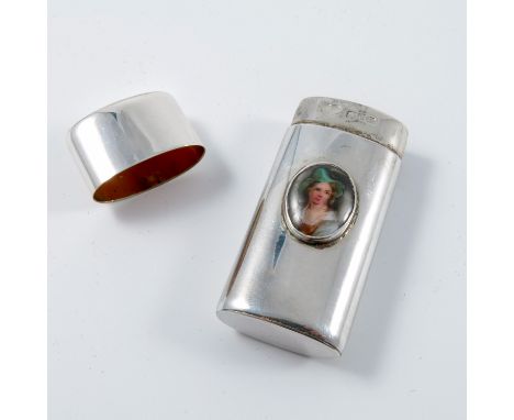 GARRARD &amp; CO LTD. SILVER VESTA OF OVOID FORM WITH GILT LINING AND APPLIED OVAL ENAMEL DEPICTING A YOUNG GIRL IN A BONNET