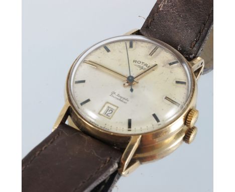 GENTS VINTAGE 9CT GOLD ROTARY WRISTWATCH, 21 JEWELS, INCABLOC, DATE APERTURE AT 6PM, IN WORKING ORDER