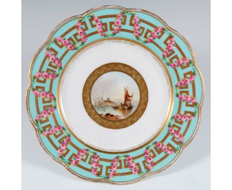 DAVENPORT LOBED CABINET PLATE HAVING CENTRAL HAND PAINTED PANEL DECORATED WITH A HARBOUR SCENE AND A LIGHT BLUE BORDER WITH G