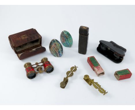 2 SOVEREIGN SCALES, 2 PRS. OPERA GLASSES AND PR. ABALONE SHELL CONDIMENTS