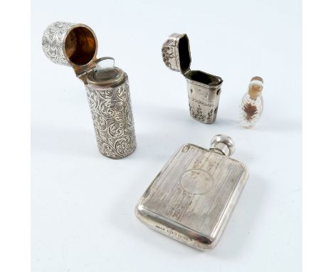 SILVER FLASK SHAPED SCENT BOTTLE, MINIATURE CUT GLASS SCENT BOTTLE IN SILVER CASE WITH HINGED COVER AND ONE OTHER OF CYLINDRI