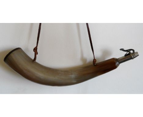 VINTAGE HORN POWDER FLASK, 15 INS. OVERALL LENGTH