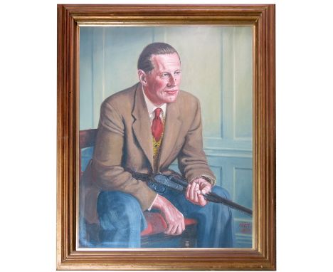 OIL PORTRAIT DEPICTING ERIC MEADE-KING SEATED WITH A SHOTGUN, MONOGRAM FGT 1959