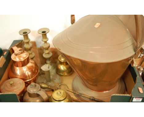 Box of miscellaneous metal ware to include copper coal scuttle, pair of turned brass candlesticks, fire tools etc