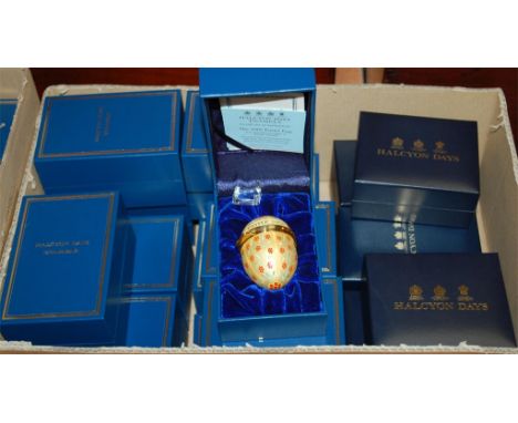 A large collection of assorted Halcyon Days Bilston enamelled patch boxes, boxed and with paperwork