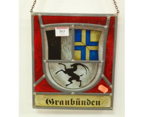 A mid-20th century leaded glazed panel depicting a coat of arms, titled GRAUBUNDUN beneath 