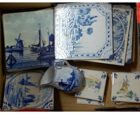 A collection of assorted blue & white ceramic tiles to include Dutch Delft and English examples together with a small Dutch D