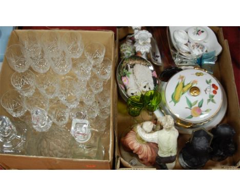 Two boxes of miscellaneous china and glassware etc to include Capo di monte figure, Royal Worcester tablewares in the Evesham