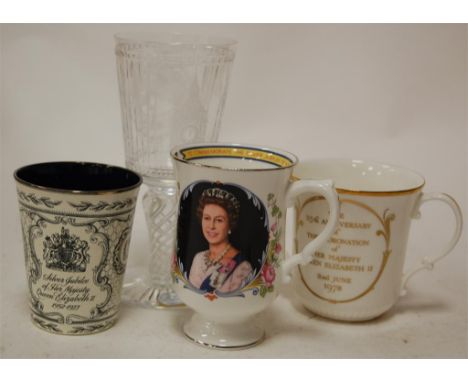 A Halcyon Days Bilston enamel silver jubilee beaker, boxed; together with various other boxed commemorative items to include 