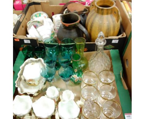 Two boxes of miscellaneous china and glassware to include green glass wine hocks, Grosvenor part tea service, and modern mant