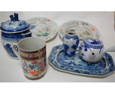 A 19th century Chinese export tankard, enamel decorated with flowers within gilt borders; together with a Chinese export plat