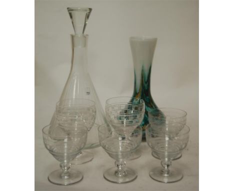 A modern cut crystal decanter and stopper of conical form; together with a studio glass vase; and various etched glasses etc 