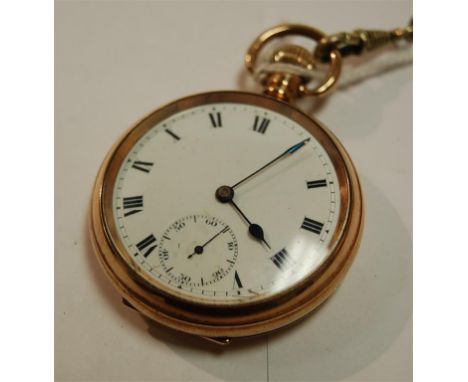 An early 20th century gold plated cased open faced pocket watch having an enamel dial with Roman numerals and subsidiary seco