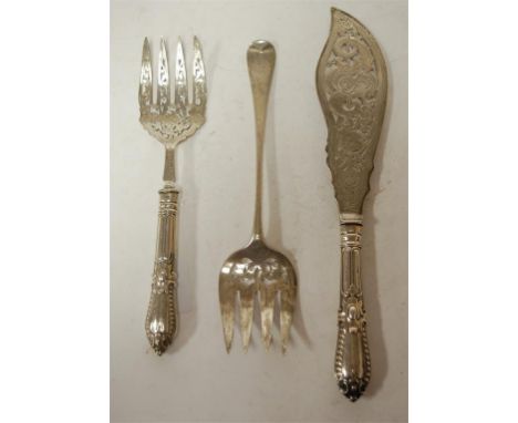 A pair of Victorian pierced silver fish servers, together with one other Victorian silver fish fork (3)