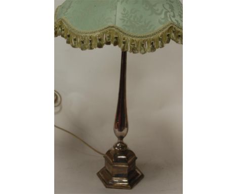 An early 20th century ecclesiastical style silver plated table lamp with shade