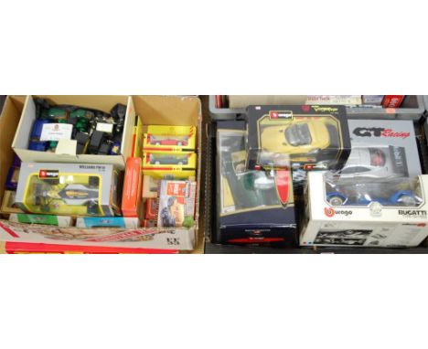 Three boxes of assorted modern issue diecast toy vehicles to include; Burago Dodge Viper, Burago Bugatti, Matchbox Models of 