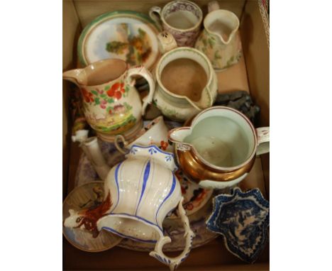 Two boxes of miscellaneous china to include; Victorian teapot and cover, Victorian copper lustre jug, blue and white pickle d