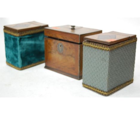 A George III mahogany and feather strung tea caddy, of rectangular form, having later velvet lined interior housing brass ink