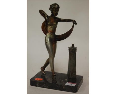 After Lorenzl - An Art Deco table lighter, modelled as a female dancer with outstretched arms on a rectangular marble plinth 