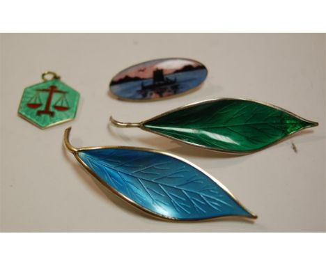 ***FIVE PIECES IN TOTAL*** A David Anderson Norwegian sterling silver and blue enamel brooch in the form of a leaf; together 