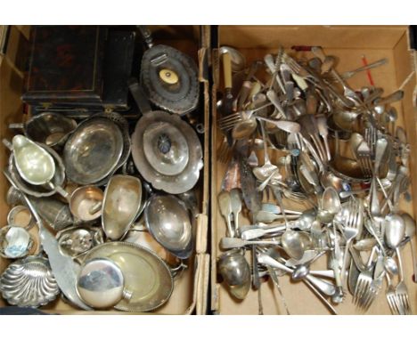 Two boxes of miscellaneous silver plated wares to include; teapot and cover, sauceboats, loose flatwares etc 