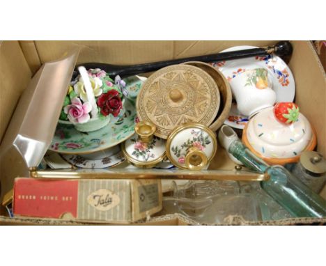 A box of miscellaneous items to include Chinese stoneware plate, enamel decorated with butterflies and flowers