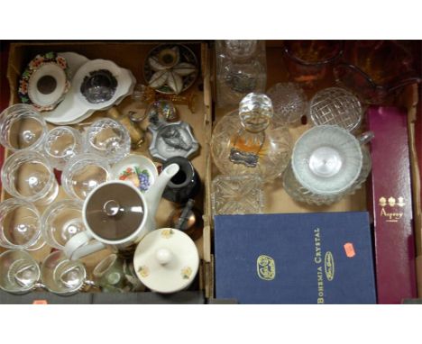 Two boxes of miscellaneous china and glassware to include; cut glass decanter and stopper, brandy balloons, rose bowl etc 