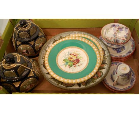 A box of miscellaneous china to include Victorian cabinet plates, part tea service, pair of vases and covers