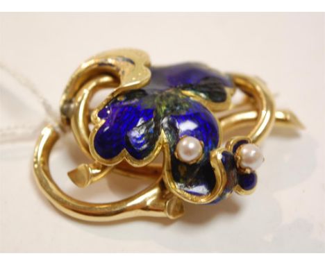 A Liberty & Co mid-19th century 18ct gold seed pearl and enamel set brooch  (enamel with major losses), gross weight 12.6g, w