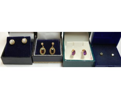 A pair of ladies amethyst set drop pendant stud earrings; together with three other pairs of ladies earrings, all boxed 