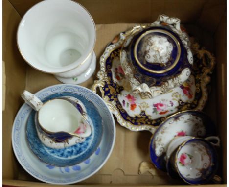 A box of miscellaneous items to include; Victorian part dinner service, Aynsley vase in the Wild Tudor pattern etc Condition 