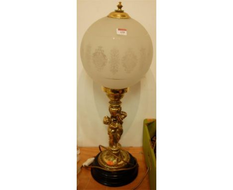 A reproduction brass figural table lamp with opalescent glass shade 