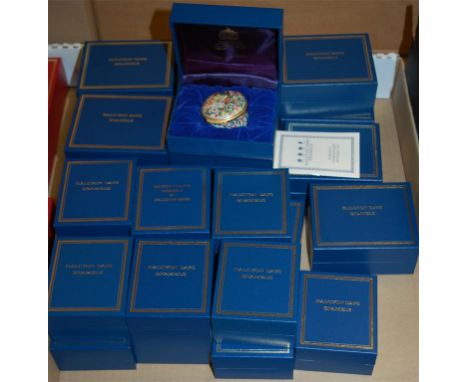 A large collection of assorted Halcyon Days Bilston enamelled patch boxes, boxed and with paperwork