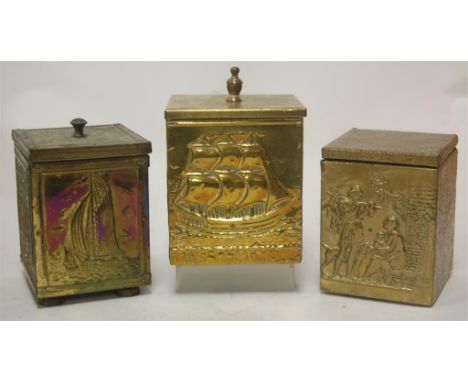 A late 19th century Dutch brass tea caddy, of rectangular form, relief decorated with a sailing ship; together with five simi