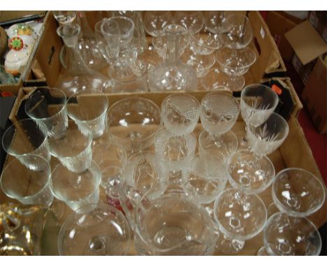 Two boxes of miscellaneous glassware to include wine hocks, brandy balloons, liqueur, decanter etc