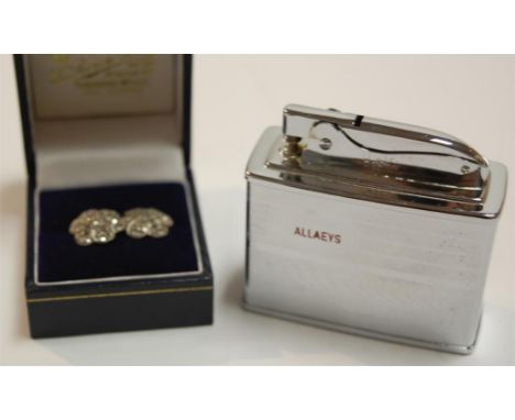 A pair of ladies marcasite set clip earrings together with a table lighter (2)
