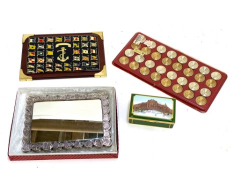 A set of gold and silver plated backgammon stones retailed by Harrods; together with an enamel Harrods trinket box; a silver 
