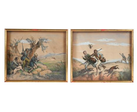A pair of late 19th century hunting dioramas, the raised image created by layers of paper on a textured background, 27x32cm
