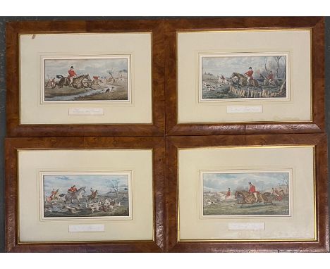 A set of four hunting lithographs, each 14.5x29.5cm, in Rowley Gallery burr maple frames
