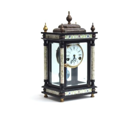 A 19th century French slate and marble mantel clock, the case with four bevelled glass panels, 38cm high