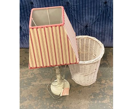 A white metal table lamp with square pink striped shade; together with a brushed steel reading light; and a wicker waste pape