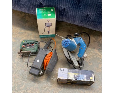A mixed lot of tools to include Bosch circular saw; Einhell angle grinder; Black &amp; Decker cordless drill etc