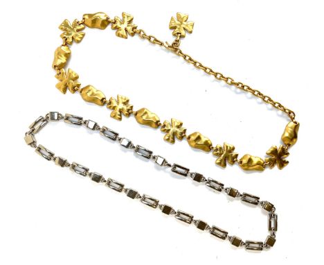 A vintage Escada matt finish gold tone belt, quatrefoil design panels, marked with 'E' 'Made in Spain', 88cmL overall; togeth