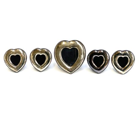 A set of five 925 silver heart shaped photo frames, the larger  15.5cmL, the four smaller 11cmL (5)