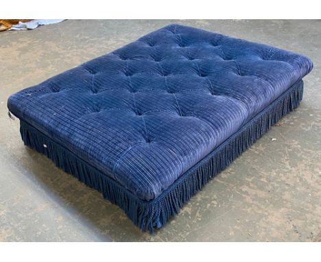 Interior design interest: A very large high quality button blue velvet upholstered centre stool, with fringe, brass caps and 