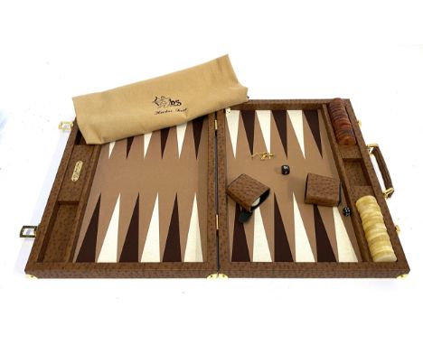 A Hector Saxe large luxury backgammon set, in brown ostrich case, 52cm wide, with dustbag