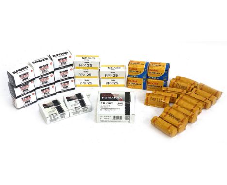 A large quantity of new and unused camera film: Rollei RPX 25 (x5); Fomapan R 16mm; Fomapan R 2x8mm (x2); Kodak Gold 200 120 