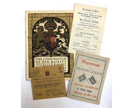 A ticket for His Majesty's Birthday Parade, 5th June, 1920 trooping the colour; together with a programme of music; a souveni