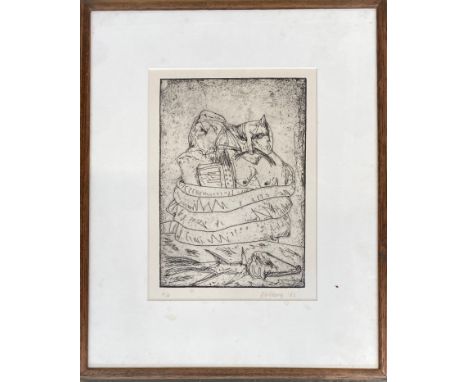 John Bellany CBE RA HRSA (1942-2013), 'Self portrait with cat', etching, signed Bellany '85, and numbered 4/10, the plate 24x